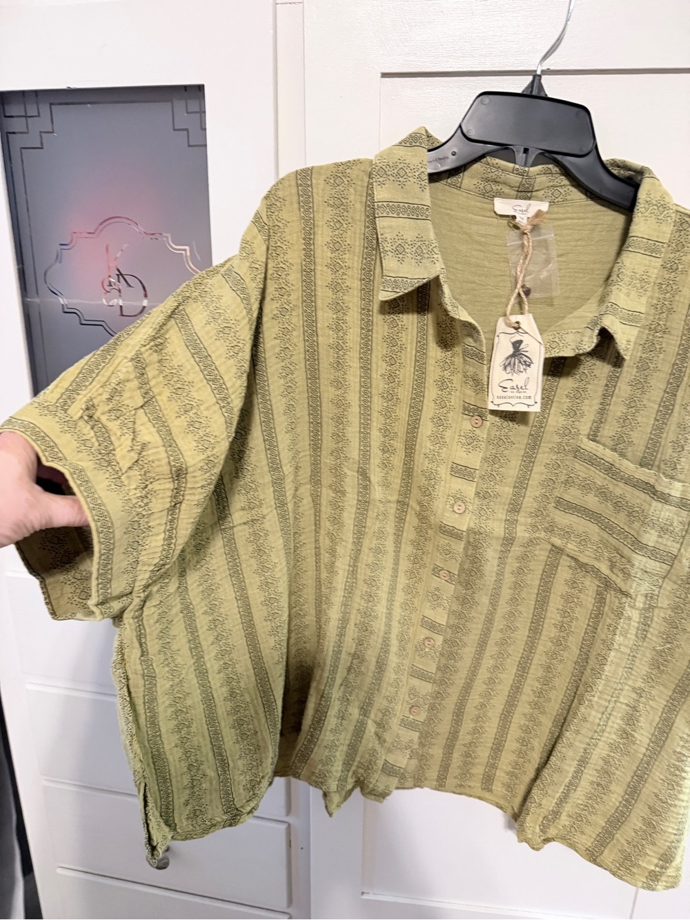easel Olive Green Striped Button-Down Top